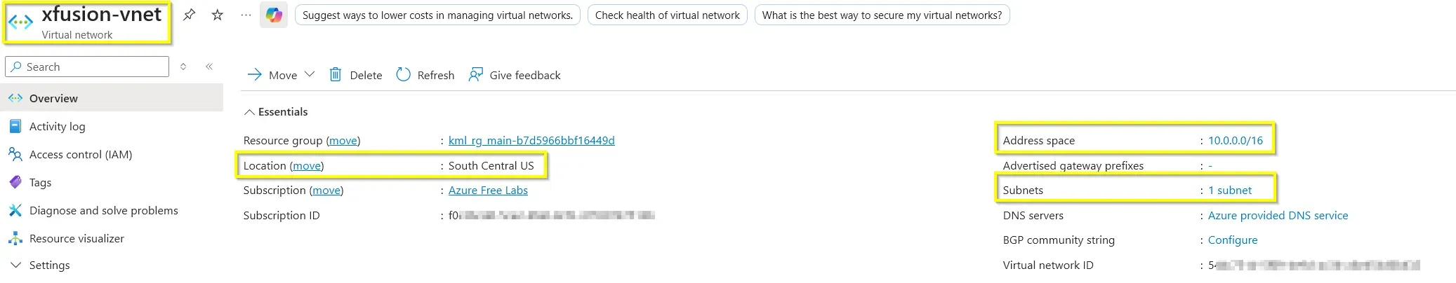 Azure Configuration Subnet Vnet